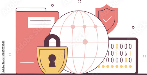 Global cybersecurity and data protection concept with secure network and digital privacy flat vector illustration