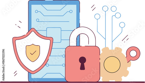 Cybersecurity and digital protection concept with shield lock and secure system flat vector illustration