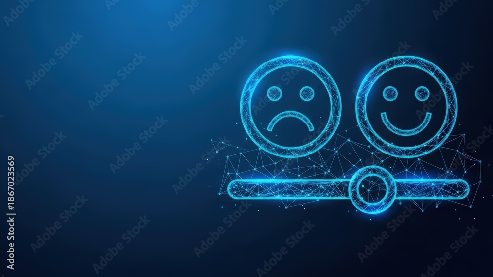 Fototapeta premium Digital wireframe icons depicting sad and happy faces representing customer feedback and sentiment analysis