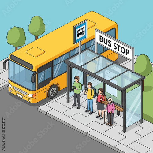 Yellow School Bus at Bus Stop.