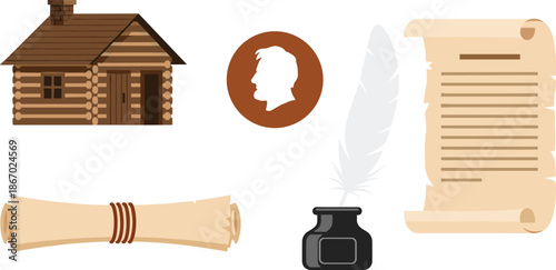 Vintage log cabin and writing tools on white background