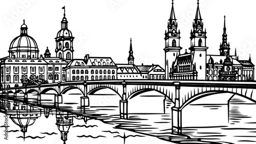 Very beautiful cityscape of Dresden in Germany along the Elbe River, featuring the elegant Augustus Bridge and historic skyline, blending Baroque architecture with calm river reflections at sunset.