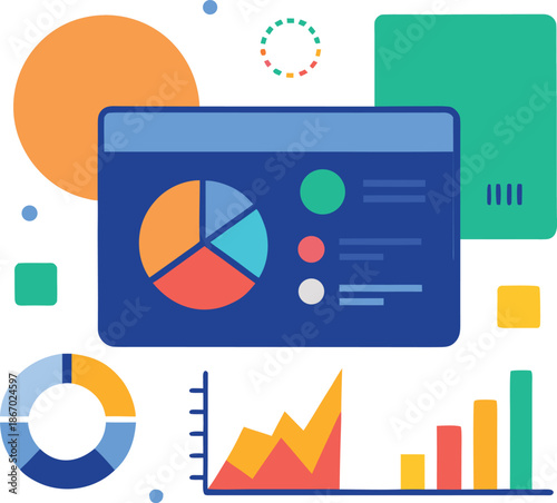 Business analytics dashboard flat illustration with charts and graphs