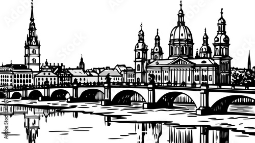 Very beautiful cityscape of Dresden in Germany along the Elbe River, featuring the elegant Augustus Bridge and historic skyline, blending Baroque architecture with calm river reflections at sunset.