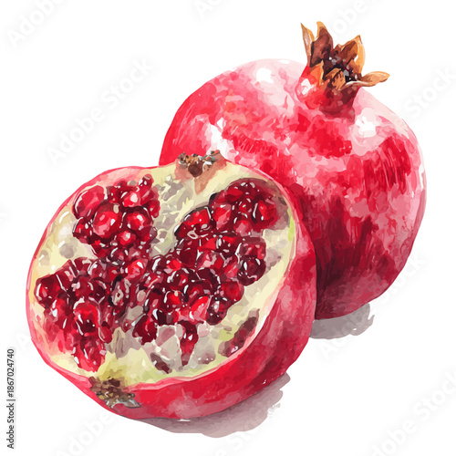Stylized watercolor Pomegranate vector, modern artistic illustration with high-quality details on a pure white background.
