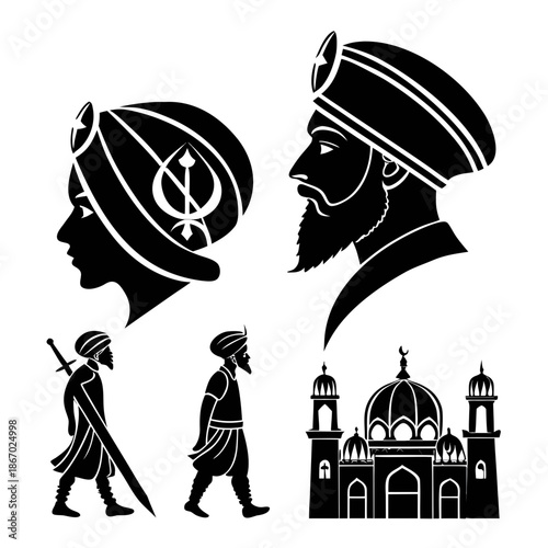 Silhouettes of sikh men and a gurdwara