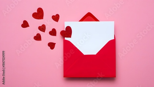 Romantic love letter in red envelope with glitter hearts on pink