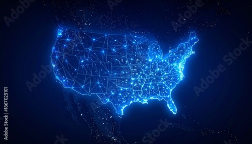 Glowing digital map of the United States with blue network nodes and lines on dark night sky background.