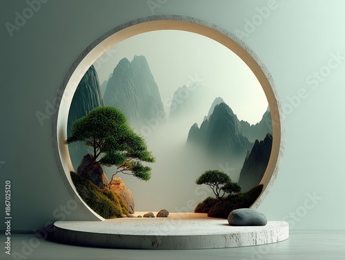 Zen New Chinese Tranquil Display with Misty Mountains, Translucent Frame and White Pedestal