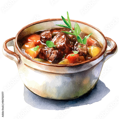 Beef Stew watercolor vector illustration, high-quality artwork isolated on a pure white background.