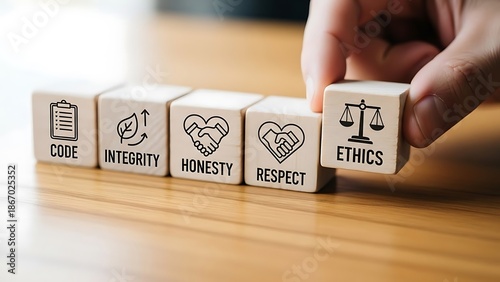 Hand placing ethics block among code integrity honesty respect
