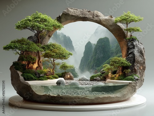 Zen New Chinese Display with Translucent Frame, Misty Layered Mountains and Green Pebble Accents