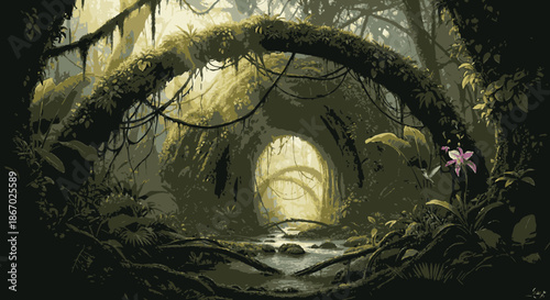 A serene, moss-draped natural archway frames a tranquil jungle stream flowing towards a distant, ethereal light within this vibrant, untouched ecosystem.