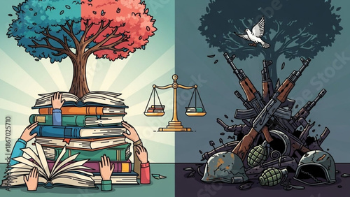 Tree of knowledge and war symbolizing education vs conflict with books and weapons concept for social issues