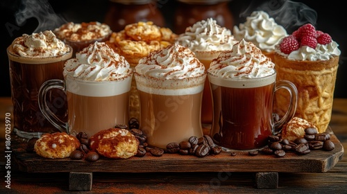 Assorted coffee drinks with whipped cream and pastries