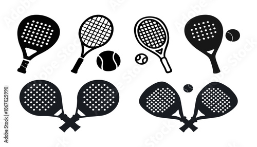 tennis racket and balls. birds silhouettes set. silhouettes of people dancing.