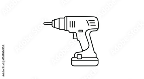 Simple black line art icon of a cordless power drill, a common construction and DIY tool, isolated on a clean white background.