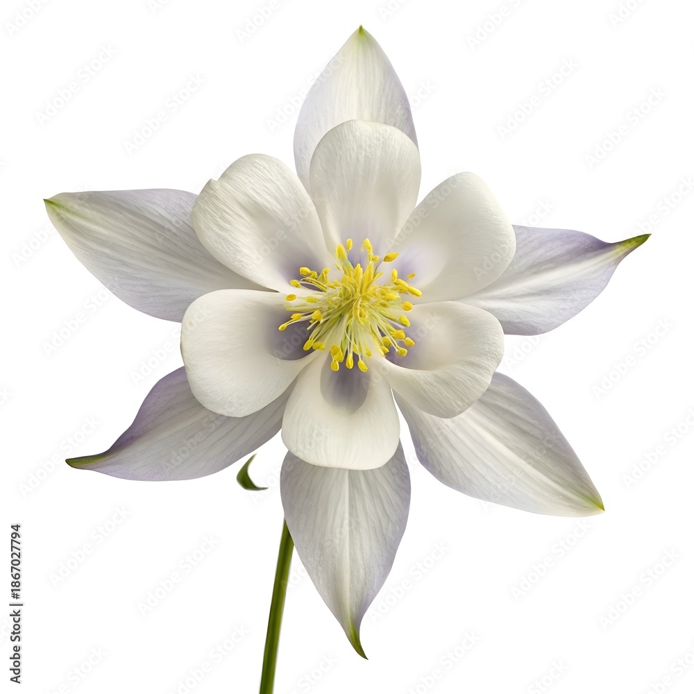 Fototapeta premium Alpine Columbine Graceful Purple and White Blooms with Elegant Petals and Soft Green Leaves on a Crisp White Background, Showcasing Nature's Mountain Beauty 