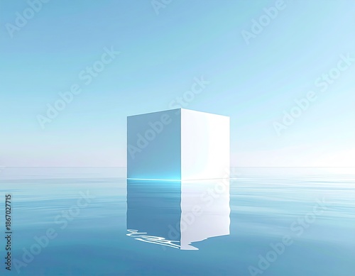 White cube mirrored in calm blue water, serene scene