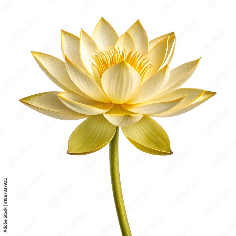 Obraz premium Lotus Vine ‘Gold Flash’ Stunning Golden Blooms with Lush Green Leaves, Perfectly Isolated on a Clean White Background, Showcasing Nature’s Tropical Elegance 