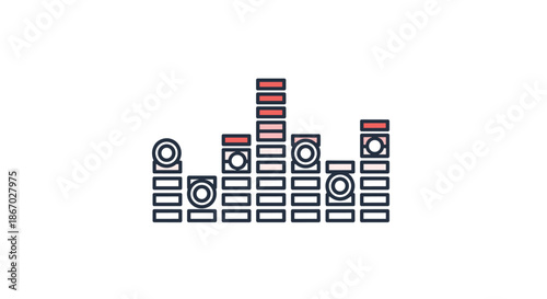 Contemporary icon of a graphic equalizer with red accents, representing music, audio frequency, sound mixing, and volume control.