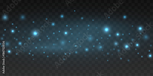 Blue dust glows shimmer, sparkle, glitter across soft bokeh blur. Sparks, twinkling particles, luminous highlights, flare create magical Christmas and New Year festive light. PNG vector illustration.