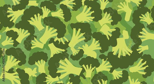 Abstract camouflage pattern created with green broccoli florets, combining vegetable shapes into a seamless military-style texture.