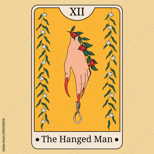 The Hanged Man Tarot Card with Floral Details and Red Nails