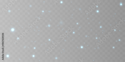 Icy blue dust sparkles with glitter, shimmer, glowing particles across glowing bokeh. Twinkling particles, sparks, stardust, luminous highlights form magical festive light. PNG vector illustration.
