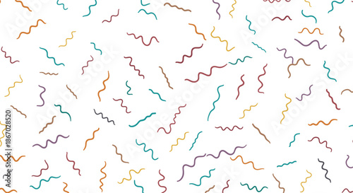 Minimalist seamless pattern of colorful, hand-drawn wavy lines or squiggles scattered randomly across a clean white background.