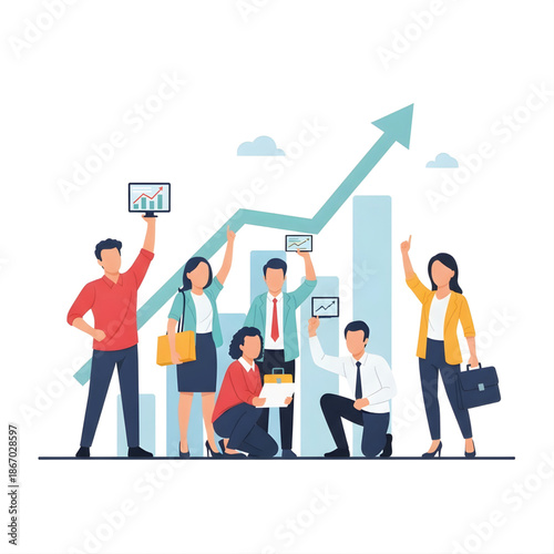 A team of business professionals celebrating financial growth and successful collaboration with an upward trend graph.