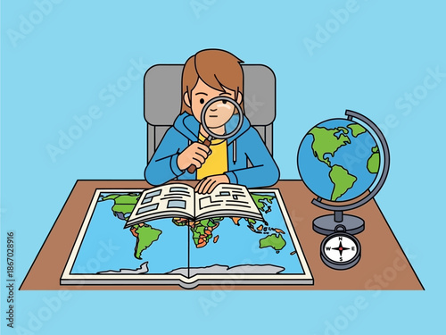 A young student intently studies a world map and atlas with a magnifying glass, fostering a love for geography and exploration