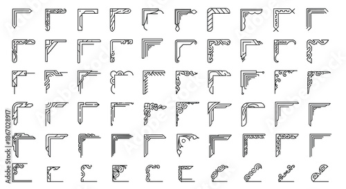 Extensive set of simple and ornate corner designs in black line art offers numerous options for framing and page decoration needs.