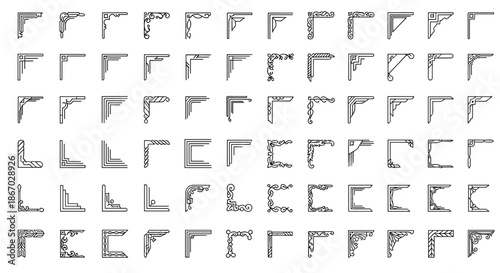 Large assortment of geometric and floral corner ornaments in minimalist line style provides elegant solutions for stationery and invitations.