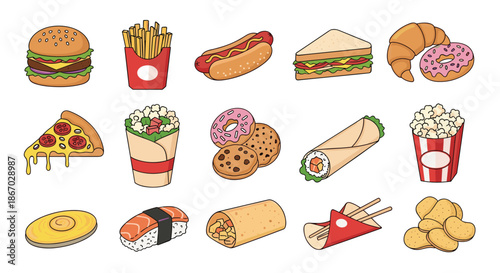 Vibrant collection of colorful fast food icons including burger fries pizza and sushi provides fun and appetizing visuals for menus or apps.