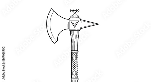 Hand drawn sketch of a double-headed battle axe with a textured handle and geometric engravings is suitable for fantasy or historical themes.