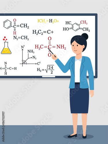 Female chemistry teacher explaining complex organic chemical formulas and scientific equations on a whiteboard during a science education lesson in a classroom