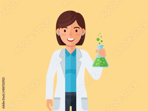 Confident female scientist or chemist in a lab coat holding a beaker with bubbling green liquid, symbolizing discovery and research in a laboratory setting