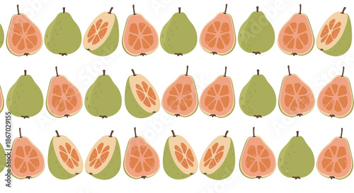 Seamless border pattern of whole green pears and sliced pink-fleshed pears arranged in neat, repeating horizontal rows.
