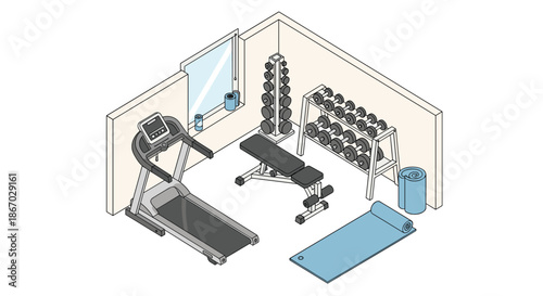 Isometric view of a home gym room setup including a treadmill and weight bench along with dumbbells and an exercise mat on the floor.