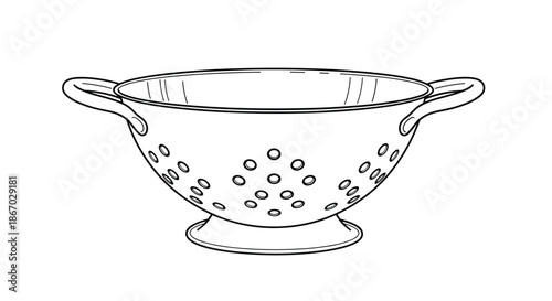 Simple line drawing of a stainless steel kitchen colander or strainer with two handles and a base on a plain white background.