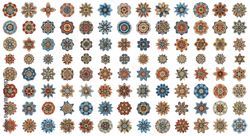 Extensive grid of colorful and diverse mandala-style floral patterns and circular decorative motifs in earth tones for artistic projects.