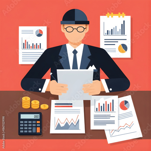 An illustrated businessman in a suit and hat analyzing financial documents, charts, and data with a calculator and coins on a desk.