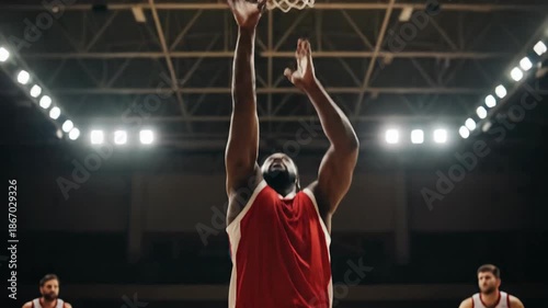 Disabled Athlete in Wheelchair Dribbling and Shooting Basketball in Indoor Court with Dramatic Lighting