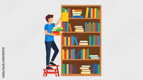 Dedicated student organizing a bookshelf, embodying the spirit of learning and the journey of knowledge through avid reading and intellectual growth