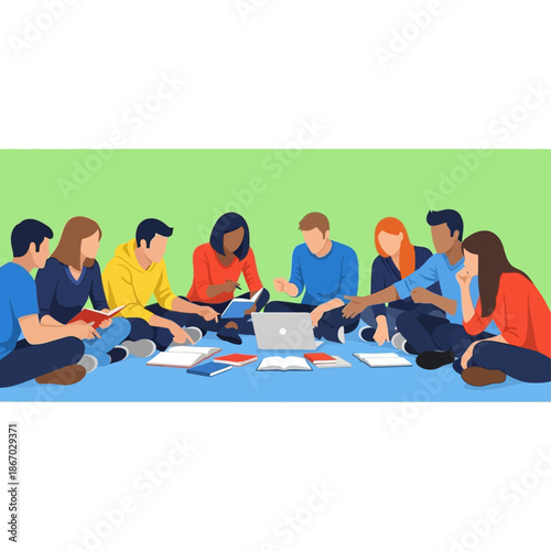 Diverse group of students collaborating on a project with laptops and books in a circle