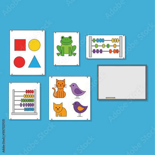 Bright early childhood learning resources illustrated posters showing shapes, animals, and abacuses for counting practice, aiding foundational development