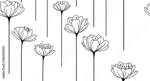 Elegant and minimalist seamless pattern of delicate black line art flowers with long stems on a clean white background.