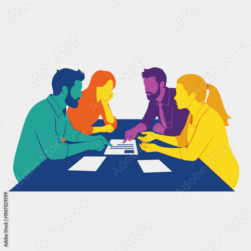 Team meeting illustration of diverse professionals collaborating around a table discussing documents and planning strategy