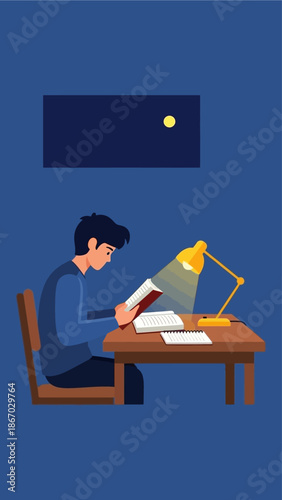 Diligent student focused on late-night reading, illuminated by a warm desk lamp, symbolizing academic commitment, quiet study, and personal intellectual growth